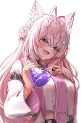 1girl absurdres animal_ears antenna_hair armband beaker black_armband blush braid braided_bun breasts chemistry chest_harness choker crop_top crop_top_overhang crossed_bangs crown_braid erlenmeyer_flask fang finger_to_own_chin fingernails flask furrowed_brow hair_bun hair_ornament hakui_koyori hakui_koyori_(1st_costume) half-closed_eyes harness highres hololive lab_coat long_hair long_sleeves looking_at_viewer medium_breasts multicolored_eyes pale_skin pink_hair shaded_face sidelocks simple_background smug solo tail tie_clip uetaku very_long_hair virtual_youtuber white_background wide_sleeves wolf_ears wolf_tail zipper