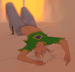1other androgynous blue_pants brazilian_flag brazilian_flag_print commission flag_print green_shirt highres indoors knees_up lacryboy looking_at_viewer lying navel on_back on_blanket original pants print_shirt shirt smile solo white_hair