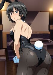 1girl absurdres amagami animal_ears ass bare_shoulders black_hair black_leotard blush breasts detached_collar fake_animal_ears fake_tail female_focus from_behind hair_between_eyes highres leotard looking_at_viewer looking_back nanasaki_ai open_mouth pantyhose playboy_bunny rabbit_ears rabbit_tail short_hair solo strapless strapless_leotard tail wrist_cuffs yuuyuu_(3jjbn)