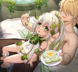 1boy 1girl :o absurdres aether_(genshin_impact) age_difference arms_at_sides asymmetrical_sidelocks bare_shoulders blonde_hair blush bright_pupils brown_pants cape detached_sleeves dress eyelashes faceless faceless_male food from_above from_side full_body genshin_impact gradient_hair green_cape green_eyes green_hair hair_between_eyes hands_up highres holding holding_plate holding_spoon lens_flare light_blush loli long_hair luxuriou_s multicolored_hair nahida_(genshin_impact) on_bed open_mouth pants plant plate pointy_ears raised_eyebrows short_dress short_sleeves side_ponytail sidelocks sitting sitting_on_lap sitting_on_person sleeveless sleeveless_dress socks spoon star-shaped_pupils star_(symbol) stirrup_footwear streaked_hair sunlight symbol-shaped_pupils topless_male white_dress white_hair white_socks window