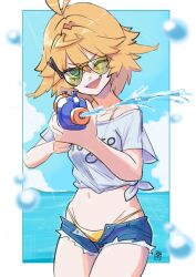 1girl absurdres alternate_costume antenna_hair aqua_eyes bikini bikini_under_clothes blonde_hair blue_sky border clothes_writing cloud cloudy_sky commentary cowboy_shot denim denim_shorts dokibird_(vtuber) dokibird_(vtuber)_(bounty_hunter) english_commentary fang firing_at_viewer gold_bikini golden_week green-tinted_eyewear groin hair_ornament hairclip hands_up highres holding holding_water_gun indie_virtual_youtuber looking_at_viewer mat_(matdesenheiro) medium_hair midriff navel ocean one_eye_closed open_mouth outdoors outside_border print_shirt see-through_clothes see-through_shirt shirt short_shorts shorts side-tie_shirt signature sky smile solo spiked_hair splatter standing sunglasses swimsuit tinted_eyewear virtual_youtuber water water_gun white_border white_shirt x_hair_ornament