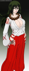 Rule 34 | 1girl, black eyes, black hair, breasts, cleavage cutout, clothing cutout, collar, female focus, gloves, hand on own hip, hands on own hips, high heels, highres, japanese clothes, kimono, kushinada mikumo, large breasts, long hair, looking at viewer, mature female, nature, no bra, no panties, old, old woman, ornament, shijou saikyou no deshi ken&#039;ichi, solo, thick thighs, thighs, yukata