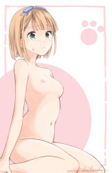 Rule 34 | 1girl, 22/7, artist name, asymmetrical bangs, blonde hair, blue bow, bob cut, bow, breasts, closed mouth, from side, furrowed brow, green eyes, hair bow, inverted bob, natsushi, navel, nipples, nude, saito nicole, seiza, short hair, sitting, solo, sweatdrop
