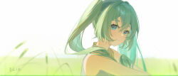1girl bare_arms blue_eyes closed_mouth grass green_hair grey_shirt hair_between_eyes hair_over_shoulder harutatsunoki hatsune_miku highres long_hair looking_at_viewer outdoors portrait shirt sleeveless sleeveless_shirt smile solo twintails vocaloid white_background
