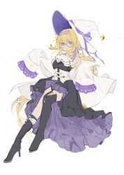1girl aesc_(fate) aesc_(rain_witch)_(fate) artist_request blonde_hair blue_eyes blush commission fate/grand_order fate_(series) glasses hair_between_eyes hat highres long_hair looking_at_viewer second-party_source simple_background smile solo very_long_hair witch_hat