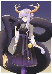 1girl antlers arm_behind_back asymmetrical_hair black_dress black_gloves blonde_hair blush breasts cevio closed_mouth dragon_girl dragon_horns dragon_tail dress feet_out_of_frame fur-tipped_tail gloves gradient_background gradient_clothes gradient_dress grey_background hair_ornament hairclip half_gloves hand_up highres horns layered_dress light_particles looking_at_viewer multicolored_eyes multicolored_hair outside_border pantyhose pointy_ears purple_background purple_dress purple_eyes purple_hair purple_pantyhose scales scar scar_on_face see-through_clothes see-through_dress see-through_sleeves shawl short_hair_with_long_locks short_sleeves smile solo standing streaked_hair tail two-tone_hair vocaloid voiceroid yellow_background yellow_eyes yellow_horns yuzuki_yukari yuzuki_yukari_(rei) zooanime