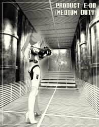 1girl ass bodysuit chikuwa_fan973 elza_walker from_behind greyscale gun high_heels highres holding holding_gun holding_weapon indoors medium_hair monochrome ponytail resident_evil solo stairs standing weapon