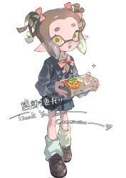 1girl bear_hair_ornament blue_skirt bow bowtie brown_hair brown_shoes cardigan collared_shirt commentary commission food full_body grey_cardigan hair_bow hair_ornament highres holding_bento inkling inkling_girl inkling_player_character loafers long_sleeves looking_at_viewer loose_socks mole mole_under_eye nintendo open_mouth p-pepper pink_bow pink_bowtie pleated_skirt pointy_ears rice shirt shoes short_hair short_twintails shrimp shrimp_tempura skirt smile socks solo splatoon_(series) standing symbol-only_commentary tempura tentacle_hair thank_you twintails white_shirt white_socks yellow_eyes