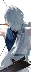 1girl archery arm_out_of_sleeve arrow_(projectile) back bow_(weapon) chinese_commentary commentary_request drawing_bow dress du_ruo_(path_to_nowhere) from_behind hadanugi_dousa hair_over_one_eye highres holding holding_bow_(weapon) holding_weapon houraisan_chouko long_hair low-tied_long_hair open_kimono path_to_nowhere quiver see-through_clothes see-through_dress simple_background solo toned toned_female upper_body weapon white_background white_hair
