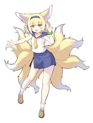 1girl absurdres alternate_costume animal_ears arknights blonde_hair blue_hairband blue_sailor_collar blue_skirt blush_stickers braid braided_hair_rings brown_footwear collarbone commentary english_commentary fox_ears fox_girl fox_tail full_body green_eyes hair_rings hairband highres kitsune kyuubi multiple_tails n3moni neckerchief open_mouth pencil_skirt sailor_collar scrunchie shirt side_slit simple_background skirt sleeveless sleeveless_shirt socks solo standing standing_on_one_leg suzuran_(arknights) tail twin_braids white_background white_shirt white_socks wrist_scrunchie yellow_neckerchief