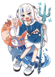 1girl :d bloop_(gawr_gura) blue_eyes blue_hair blue_hoodie blue_socks blunt_bangs blush_stickers commentary drawstring fins fish_tail full_body gawr_gura gawr_gura_(1st_costume) hair_ornament highres holding holding_polearm holding_weapon hololive hood hood_down hoodie innertube long_hair long_sleeves looking_at_viewer multicolored_hair open_mouth outline polearm shark_girl shark_hair_ornament shark_tail sharp_teeth shoes simple_background smile socks solo standing streaked_hair swim_ring tail teeth trident upper_teeth_only uzumaki_osushi v virtual_youtuber weapon white_background white_hair white_outline white_shoes wide_sleeves