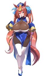 1girl :d absurdres alternate_costume animal_ears blue_hat blue_shoes commentary_request daiwa_scarlet_(umamusume) full_body hat highres horse_ears horse_girl horse_tail jiangshi long_hair looking_at_viewer ofuda open_mouth qingdai_guanmao red_eyes shoes simple_background sleeves_past_fingers sleeves_past_wrists smile smoke_klll solo standing tail thighhighs twintails umamusume white_background white_thighhighs