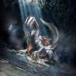 3d absurdres blank_eyes cave colored_sclera grabbing highres light_rays monster monster_hunter_(series) monster_hunter_frontier no_humans open_mouth red_sclera scales shallow_water splashing water yellow_sclera