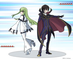 1boy 1girl black_hair bodysuit c.c. cape code_geass green_hair hand_over_face high_heels highres lelouch_vi_britannia long_hair nintendo poke_ball pokemon pokemon_battle purple_eyes setu_kurokawa short_hair smile yellow_eyes