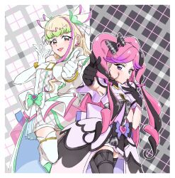 Rule 34 | 2girls, armpits, bare arms, bare shoulders, bibimaru 1101, black gloves, black hair, black socks, blonde hair, blowing kiss, blunt bangs, boots, bracelet, braid, brooch, bubble skirt, cure kiss, cure zukyuun, curly hair, dress, earrings, elbow gloves, finger gun, finger to mouth, fortissimo, frilled dress, frilled ribbon, frilled skirt, frills, gingham background, gingham dress, gloves, gradient hair, green hair, hair extensions, hair ornament, hair ribbon, hair tie, hair wings, heart-shaped lock, highres, jewelry, jumping, kimi to idol precure, knee boots, kneehighs, leg up, long hair, looking at viewer, looking to the side, mature female, meroron (human form), multicolored hair, multiple earrings, multiple girls, musical note, musical note hair ornament, parted bangs, pearl earrings, pink hair, precure, puffy dress, puffy sleeves, purirun (human form), purple dress, purple eyes, red eyes, ribbon, short dress, single bare shoulder, single kneehigh, single sock, skirt, sleeveless, socks, standing, standing on one leg, twin braids, twintails, very long hair, white dress, white gloves, wing hair ornament, wrist cuffs