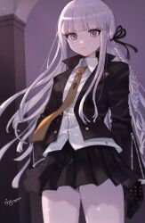 Rule 34 | 1girl, black gloves, black jacket, black skirt, cowboy shot, danganronpa: trigger happy havoc, danganronpa (series), gloves, highres, jacket, kirigiri kyoko, long hair, miniskirt, necktie, pleated skirt, purple eyes, purple hair, red necktie, ringo (mk1104-toatales), skirt, solo