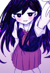 1girl arm_up black_hair black_vest bright_pupils collared_shirt commentary english_commentary from_above highres long_hair mari_(omori) migimiya_yoru neckerchief omori open_mouth red_neckerchief red_skirt shirt short_sleeves skirt smile very_long_hair vest white_pupils white_shirt