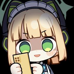 Rule 34 | 1girl, :d, animal ear headphones, animal ears, animated, animated gif, apron, aqua bow, aqua bowtie, black dress, blonde hair, blue archive, blunt bangs, blunt ends, blush stickers, bow, bowtie, cat ear headphones, cat ears, cellphone, chibi, chunye haruya, collared dress, commission, contrast collar, disembodied hand, dot nose, dress, evil smile, fake animal ears, green eyes, green halo, halo, headphones, holding, holding phone, index finger raised, looking at phone, lowres, maid, maid apron, maid headdress, midori (blue archive), midori (maid) (blue archive), missing commentary, no pupils, official alternate costume, official alternate hairstyle, open mouth, phone, ponytail, second-party source, shaded face, short hair, sidelocks, simple background, smartphone, smile, solo, transparent background, upper body, v-shaped eyebrows, white apron, white headdress