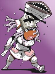 1girl armor armored_boots boots breastplate commentary_request dark-skinned_female dark_skin dreadlocks full_body helmet holding holding_weapon monster_hunter_(character) monster_hunter_(series) monster_hunter_portable_2nd_g onikobe_rin open_mouth purple_background purple_hair short_hair solo visor_(armor) weapon white_armor