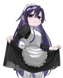 Rule 34 | 1girl, apron, black dress, closed mouth, curtsey, dress, fusuma (suwaru boom), goshiki agiri, highres, juliet sleeves, kill me baby, long hair, long sleeves, maid, maid apron, maid headdress, pantyhose, puffy sleeves, purple eyes, purple hair, simple background, smile, solo, very long hair, white apron, white background, white pantyhose