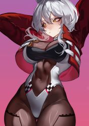 1girl absurdres animal_ears arms_behind_head arms_up bandeau black_bandeau black_bodysuit bodysuit breasts cleavage closed_mouth commentary covered_groin covered_navel cropped_jacket eyeshadow fake_animal_ears grey_hair highres jacket large_breasts leotard long_sleeves looking_to_the_side makeup medium_hair open_clothes open_jacket race_queen red_eyeshadow red_jacket sidelocks simple_background smile solo suliavtuber sweatdrop virtual_youtuber vshojo white_leotard yellow_eyes zentreya zentreya_(cyborg)