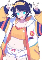 Rule 34 | 1girl, black hair, blue eyes, highres, hololive, hood, hoodie, jacket, long hair, minkof nn, navel, oozora subaru, open mouth, simple background, solo, stomach, thighs, v, virtual youtuber, white background