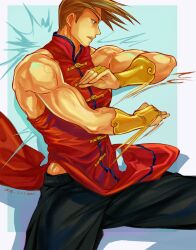 1boy absurdres arms_up black_pants bridal_gauntlets brown_eyes brown_hair chinese_clothes feet_out_of_frame highres long_bangs male_focus mandarin_collar motion_blur motion_lines muscular muscular_male pants profile red_shirt shirt short_hair sideburns sleeveless solo street_fighter street_fighter_iii_(series) war6057265 yang_lee yellow_bridal_gauntlets