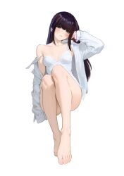 1girl arm_up armpits bare_legs barefoot blunt_bangs blush brown_hair collared_shirt convenient_leg feet full_body grey_eyes highres hime_cut knees_up legs lingerie long_hair long_sleeves open_clothes open_shirt parted_lips persona persona_5 randomscribblas shirt simple_background solo strap_slip toenails toes tougou_hifumi underwear white_background white_shirt