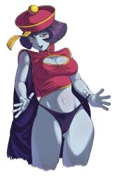 Rule 34 | 1girl, artist request, blue hair, blue skin, breasts, capcom, chinese clothes, cleavage, cleavage cutout, clothing cutout, colored skin, darkstalkers, detached sleeves, female focus, hair between eyes, hat, highres, hsien-ko, long sleeves, looking at viewer, open mouth, qingdai guanmao, short hair, solo, teeth, upper teeth only, white background
