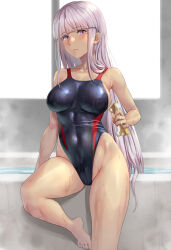 1girl absurdres barefoot bathtub blunt_bangs breasts commentary_request competition_swimsuit highleg highleg_one-piece_swimsuit highres holding holding_sponge kantai_collection kirov_(kancolle) kokuzou large_breasts long_hair looking_at_viewer one-piece_swimsuit pink_eyes pink_hair soap_bubbles solo sponge swimsuit thighs very_long_hair wet wet_clothes wet_swimsuit