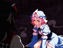 2girls absurdres blue_kimono defeat empty_eyes frilled_kimono frills ghost highres horns impossible_spell_card japanese_clothes kijin_seija kimono looking_at_another monadmandara multicolored_hair multiple_girls pink_hair saigyouji_yuyuko streaked_hair tears torn_clothes touhou triangular_headpiece wide_sleeves