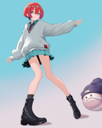 1girl absurdres aldrich.art amate_yuzuriha aqua_background aqua_shirt aqua_skirt beanie black_boots black_hat boots commentary diagonal-striped_clothes diagonal-striped_necktie full_body gradient_background gundam gundam_gquuuuuux haro hat highres looking_at_viewer necktie pleated_skirt pom_pom_(clothes) pom_pom_beanie red_hair robot school_uniform shirt short_hair skirt solo standing striped_clothes sweater white_sweater