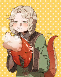 1girl blonde_hair braid braided_hair_rings chewing crab_claw dress eating elden_ring food food_on_face green_dress green_eyes hair_rings holding holding_food hunched_over lizard_tail mandarin_collar motion_lines polka_dot polka_dot_background reptile_girl rya_(elden_ring) sleeves_past_wrists snake_girl snake_tail solo tail tecchen wide_sleeves yellow_background