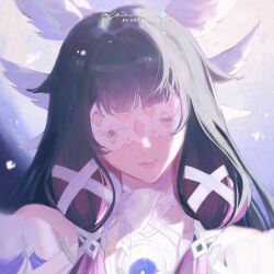 Rule 34 | 1girl, angel wings, black hair, blunt bangs, bow, bowtie, closed eyes, closed mouth, collar, columbina (genshin impact), detached sleeves, eye mask, eyelashes, eyes visible through eyewear, facing viewer, falling petals, feathered wings, genshin impact, gradient hair, hair ribbon, hair tubes, head tilt, head wings, highres, lace-trimmed collar, lace trim, large bow, long hair, male underwear, mimochs, multicolored hair, multiple wings, petals, pink hair, pink lips, portrait, ribbon, solo, straight-on, tress ribbon, twitter username, underwear, white bow, white bowtie, white collar, white male underwear, white petals, white ribbon, white wings, wings
