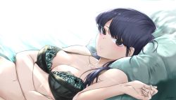 1girl bare_shoulders black_eyes black_hair blush bra breasts female_focus highres komi-san_wa_komyushou_desu komi_shouko long_hair looking_at_viewer lying medium_breasts mitsugu smile solo underwear