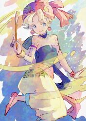 1girl art_brush bare_shoulders blonde_hair blue_eyes cape choker earrings final_fantasy final_fantasy_vi hat highres holding holding_paintbrush jewelry miyama_(lacrima01) paint paintbrush puffy_pants relm_arrowny sash short_hair smile solo strapless tube_top waist_sash