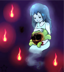 1girl artist_name blood blood_on_hands blood_on_teeth blue_hair closed_eyes creepy creepy_eyes fangs ghost_tail gidan-kuroki highres horror_(theme) smile spooky&#039;s_house_of_jump_scares spooky_(shojs) teeth watermark