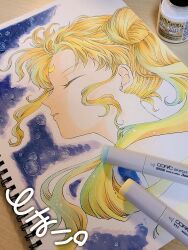 Rule 34 | 1girl, absurdres, art tools in frame, bishoujo senshi sailor moon, blonde hair, closed eyes, crescent, crescent facial mark, double bun, earrings, facial mark, forehead mark, hair bun, highres, jewelry, long hair, parted bangs, pearl earrings, princess serenity, rockcandy 0000, solo, traditional media, tsukino usagi, twintails