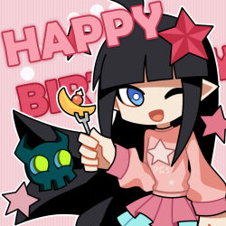 1girl ;d absurdres ahoge aotu_world black_hair blue_eyes blue_skirt blunt_bangs chibi chibi_only chinese_commentary creature food fork green_eyes hair_ornament happy_birthday highres holding holding_fork kaili_(aotu_world) layered_skirt long_hair looking_at_viewer official_art old_bone_(aotu_world) one_eye_closed open_mouth pink_shirt pink_skirt pleated_skirt pointy_ears print_shirt qi_chuang_she shirt skirt smile solo star_(symbol) star_hair_ornament star_print