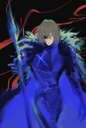 Rule 34 | 1boy, absurdres, armor, black fur, blonde hair, blue cape, blue eyes, breastplate, cape, closed mouth, commentary, dimitri alexandre blaiddyd, english commentary, eyepatch, feet out of frame, fire emblem, fire emblem: three houses, fur-trimmed cape, fur trim, hair between eyes, highres, holding, holding polearm, holding weapon, looking ahead, male focus, nintendo, one eye covered, outstretched arm, polearm, solo, weapon, yadntve