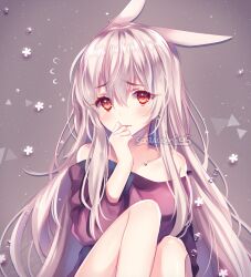 1girl air_bubble aki_(sasucchi95) animal_ears bare_shoulders brown_background bubble closed_mouth collarbone commentary double-parted_bangs english_commentary eyes_visible_through_hair feet_out_of_frame flower flying_sweatdrops hair_between_eyes hand_up highres knees_up light_particles lips long_hair long_sleeves looking_at_viewer off-shoulder_shirt off_shoulder original pink_shirt rabbit_ears rabbit_girl raised_inner_eyebrows red_eyes sasucchi95 shirt sidelocks simple_background sitting solo triangle turning_head very_long_hair white_flower white_hair