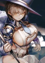 1girl absurdres armor belt blue_necktie blush breasts brown_belt brown_eyes brown_hair checkered_floor cloak collared_dress commentary_request covered_navel cowboy_shot dress eyelashes hair_between_eyes hat highres holding holding_polearm holding_weapon large_breasts light_particles long_sleeves looking_down medium_hair necktie original parted_lips polearm purple_cloak purple_hat purple_sleeves shoulder_armor sideboob sitting soleil_(soleilmtfbwy03) solo thick_thighs thighs weapon white_dress