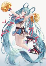 1girl absurdly_long_hair aqua_hair armpits arms_up bare_legs bare_shoulders black_choker blue_eyes blue_shirt braid braided_hair_rings breasts cheerleader choker commentary_request crop_top crop_top_overhang frilled_shirt_collar frilled_skirt frills hair_rings hatsune_miku highres holding holding_pom_poms long_hair looking_at_viewer medium_breasts midriff natsume_koji navel open_mouth pom_pom_(cheerleading) pom_poms purple_socks roller_skates shirt shoes simple_background skates skirt sleeveless sleeveless_shirt smile socks solo stomach suspenders thighs very_long_hair vocaloid white_background white_shoes white_skirt