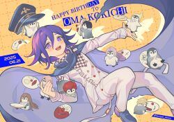 1boy :d afro animal bird black_cape black_hat blonde_hair brown_hair buttons cape checkered_neckerchief danganronpa_(series) danganronpa_v3:_killing_harmony dated dice_members_(danganronpa) double-breasted ewa_(seraphhuiyu) flipped_hair happy_birthday hat highres jacket medium_hair neckerchief oma_kokichi open_mouth orange_background pants penguin pink_eyes red_hair shoes smile solo teeth top_hat torn_cape torn_clothes upper_teeth_only white_background white_jacket white_pants