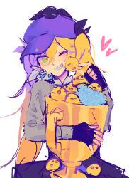 1girl bao_bao_(dokibird) bird black_gloves blonde_hair blush commentary_request cowboy_shot dokibird_(vtuber) dokibird_(vtuber)_(retro_doki) dragoon_(dokibird) fingerless_gloves fusion gloves green_eyes grin hair_between_eyes heart holding holding_trophy indie_virtual_youtuber jess_(p2eocene) long_sleeves mei_mei_(dokibird) nijisanji nijisanji_en one_eye_closed portuguese_commentary purple_hair purple_headwear selen_tatsuki simple_background smile solo standing teeth trophy twintails virtual_youtuber white_background yellow_bird