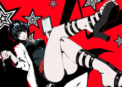 10s 1girl ahoge ass bad_id bad_pixiv_id belt black_hair black_panties black_sandals black_shirt breasts brown_eyes clipboard closed_mouth club3 commentary_request crossed_arms female_focus foreshortening graphite_(medium) hand_up high_heels highres invisible_chair jewelry knees_together_feet_apart lab_coat large_breasts limited_palette long_sleeves megami_tensei nail_polish necklace panties persona persona_5 perspective red_lips sandals shirt short_hair sitting smile solo star_(symbol) takemi_tae thighs toenail_polish toenails traditional_media underwear