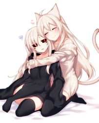 Rule 34 | 2girls, ahoge, animal ears, bad id, bad pixiv id, black legwear, black sclera, blonde hair, chaso (konshin), closed eyes, colored sclera, dress, heart, hug, kneeling, konshin, long hair, long sleeves, looking at another, multiple girls, off shoulder, original, red eyes, sitting, sleeves past wrists, sweater, sweater dress, tail, thighhighs, white background, white hair
