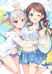 2girls bare_shoulders bikini bikini_skirt blue_bikini blue_eyes breasts brown_hair grey_hair hair_ornament hazuki_(sutasuta) highres holding holding_hose hood hooded_jacket hose hug jacket large_breasts multiple_girls navel one_eye_closed original purple_bikini purple_eyes see-through_clothes see-through_shirt shirt swimsuit thigh_strap twintails white_jacket white_shirt x_hair_ornament