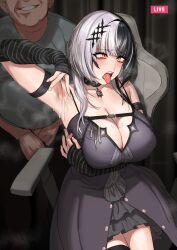 1boy 1girl absurdres after_fellatio alternate_breast_size armpit_focus armpits black_choker black_hair blush breasts choker cleavage cum cum_on_armpits cum_on_body cum_on_breasts cum_on_clothes cum_on_upper_body disgust grey_hair hetero highres hololive hololive_english huge_breasts humiliation kirinkirin large_breasts livestream multicolored_hair old old_man open_mouth presenting_armpit shiori_novella shiori_novella_(1st_costume) smile snot split-color_hair stray_pubic_hair tongue tongue_out two-tone_hair virtual_youtuber wrinkled_skin yellow_eyes