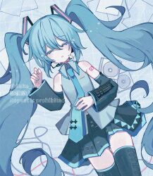 1girl absurdres album_cover aqua_hair aqua_nails aqua_necktie arm_tattoo black_skirt black_sleeves black_thighhighs cd closed_eyes collared_shirt cover detached_sleeves english_text grey_shirt hair_between_eyes hatsune_miku headphones headset highres housuke_(flb66i2qnuqy63f) long_hair lying necktie number_tattoo on_back open_mouth pleated_skirt shirt skirt sleeveless sleeveless_shirt solo tattoo thighhighs twintails twitter_username unconscious very_long_hair vocaloid